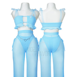 Angel Blush Outfit by MOEFLAVOR, featuring an open top with sheer ribbon straps, sheer pants with ribbon-laced sides and ruffled hems, and a silver chain heart belt. Available in purple or blue.